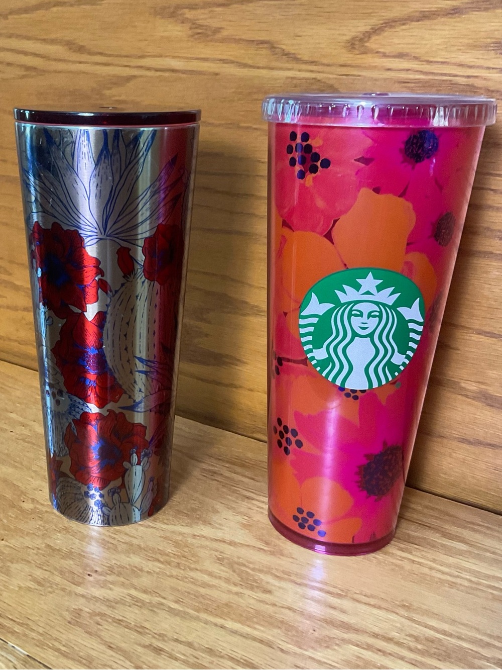 Starbucks Set 2 Venti Tumblers Cactus Floral Metal + Poppy  Reusable Cup 24 oz